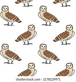 Vector seamless pattern with hand drawn sweet Barn Owls. Ink drawing, decorative graphic style. Beautiful animal design elements, perfect for prints and patterns