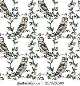 Vector seamless pattern with hand drawn funny Great Grey Owls in floral blooming wreath. Ink drawing, decorative graphic style. Beautiful animal design elements, perfect for prints and patterns