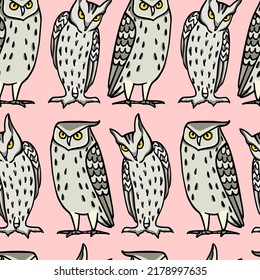 Vector seamless pattern with hand drawn funny owls. Ink drawing, decorative graphic style. Beautiful animal design elements, perfect for prints and patterns