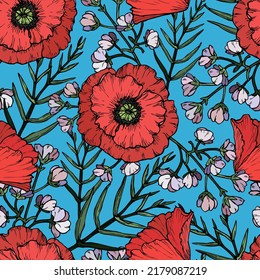 Vector seamless pattern, hand drawn poppy and gypsophila flowers and leaves on blue background.