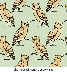 Vector seamless pattern with hand drawn funny Eagle Owls. Ink drawing, decorative graphic style. Beautiful animal design elements, perfect for prints and patterns