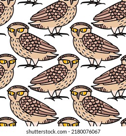 Vector seamless pattern with hand drawn funny cartoon owls. Ink drawing, decorative graphic style. Beautiful animal design elements, perfect for prints and patterns