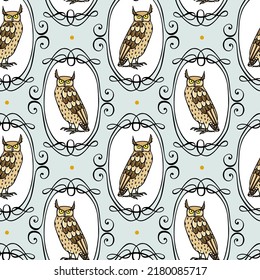 Vector seamless pattern with hand drawn funny Eagle Owls in vintage frames. Ink drawing, decorative graphic style. Beautiful animal design elements, perfect for prints and patterns