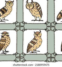 Vector seamless pattern with hand drawn funny Eagle Owls in nautical rope frames. Ink drawing, decorative graphic style. Beautiful animal design elements, perfect for prints and patterns