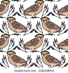 Vector seamless pattern with hand drawn funny cartoon owls in blooming laurel. Ink drawing, decorative graphic style. Beautiful animal design elements, perfect for prints and patterns