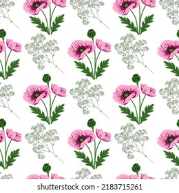 Vector seamless pattern, hand drawn poppy and gypsophila flowers and leaves on white background.