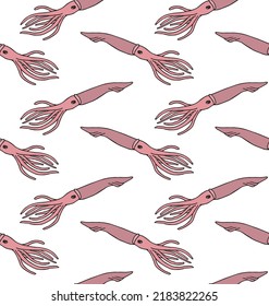 Vector seamless pattern of hand drawn sketch doodle colored squid isolated on white background