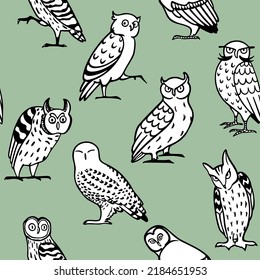 Vector seamless pattern with hand drawn funny owls of different species. Ink drawing, decorative graphic style. Beautiful animal design elements, perfect for prints and patterns