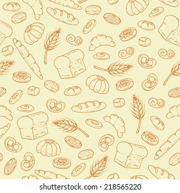 Vector seamless pattern with hand drawn bakery products. Background for use in design, web site, packing, textile, fabric