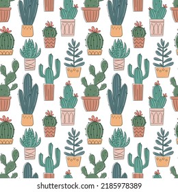 Vector seamless pattern with hand drawn cactus and succulents. Cacti in pots. Beautiful floral design elements, perfect for prints and surface. Repeating hand drawn background