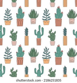 Vector seamless pattern with hand drawn cactus and succulents. Cacti in pots. Beautiful floral design elements, perfect for prints and surface. Repeating hand drawn background
