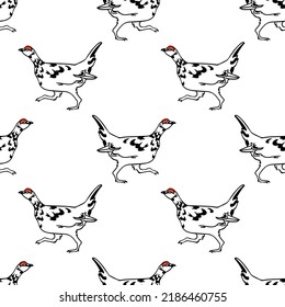 Vector seamless pattern with hand drawn running rock ptarmigan . Ink drawing, decorative graphic style. Beautiful northern wild nature design elements, perfect for prints and patterns