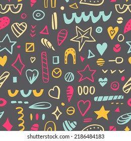 Vector seamless pattern of hand drawn geometric shapes. Abstract background of decorative doodles of hearts, lines, stars and other elements, wallpaper. Modern print for textiles, fabric