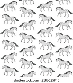 Vector seamless pattern of hand drawn doodle sketch colored pre spanish horse isolated on white background