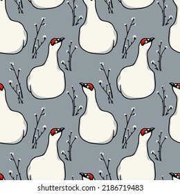 Vector seamless pattern with hand drawn rock ptarmigan with red eyebrows on its nest. Ink drawing, decorative graphic style. Beautiful wild nature design elements, perfect for prints and patterns