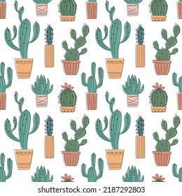 Vector seamless pattern with hand drawn cactus and succulents. Cacti in pots. Beautiful floral design elements, perfect for prints and surface. Repeating hand drawn background