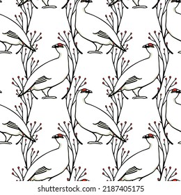 Vector seamless pattern with hand drawn rock ptarmigan with red eyebrows in floral wreath. Ink drawing, graphic style. Beautiful northern nature design elements, perfect for prints and patterns