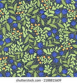 Vector Seamless Pattern With Hand Drawn Blueberry. Perfect For Textile And Wrapping Paper Design. Cute Tile For Wallpaper Or Package