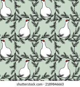 Vector seamless pattern with hand drawn rock ptarmigan with red eyebrows on its nest in pine wreath. Ink drawing. Beautiful wild nature design elements, perfect for prints and patterns
