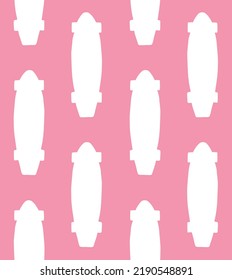 Vector seamless pattern of hand drawn cruiser skateboard silhouette isolated on pink background