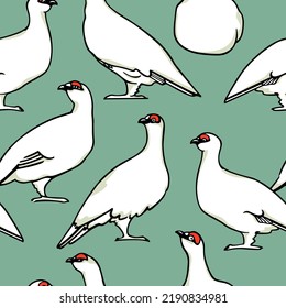 Vector seamless pattern with hand drawn group of rock ptarmigans with red eyebrows. Ink drawing, decorative graphic style. Beautiful northern nature design elements, perfect for prints and patterns