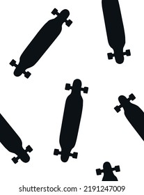 Vector seamless pattern of hand drawn longboard skateboard silhouette isolated on white background