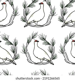 Vector seamless pattern with hand drawn rock ptarmigan with red eyebrows in pine wreath. Ink drawing. Beautiful wild nature design elements, perfect for prints and patterns