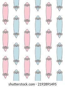 Vector seamless pattern of hand drawn doodle sketch colored longboard skateboard isolated on white background
