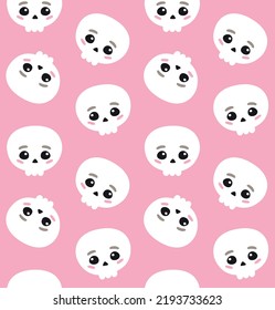 Vector seamless pattern of hand drawn flat kawaii skull isolated on pink background