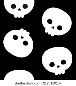 Vector seamless pattern of hand drawn flat kawaii skull silhouette isolated on black background