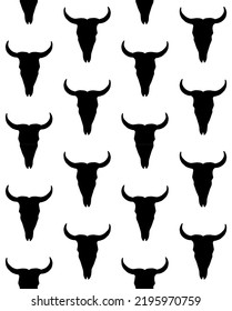 Vector Seamless Pattern Of Hand Drawn Doodle Sketch Cow Bull Skull Silhouette Isolated On White Background