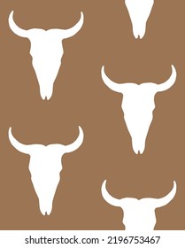 Vector Seamless Pattern Of Hand Drawn Doodle Sketch Cow Bull Skull Silhouette Isolated On Brown Background