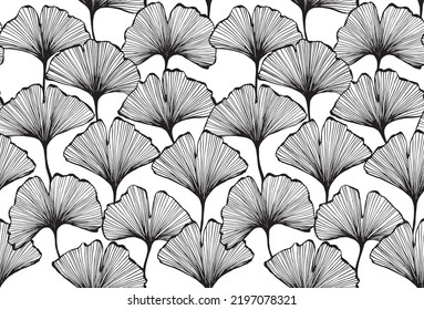 Vector seamless pattern with hand drawn Ginkgo biloba leaves. Ink drawing, graphic style, logo template