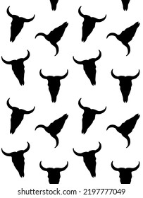 Vector Seamless Pattern Of Hand Drawn Cow Bull Skull Silhouette Isolated On White Background