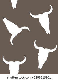 Vector Seamless Pattern Of Hand Drawn Cow Bull Skull Silhouette Isolated On Brown Background