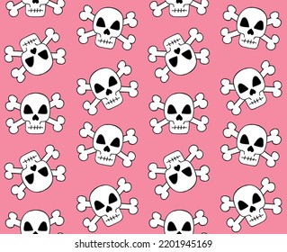Vector seamless pattern hand drawn sketch doodle skull and crossed bones isolated pink background