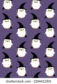 Vector seamless pattern of hand drawn flat witch Halloween owl isolated on violet background