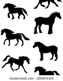 Vector seamless pattern of hand drawn doodle sketch horse breeds silhouette isolated on white background