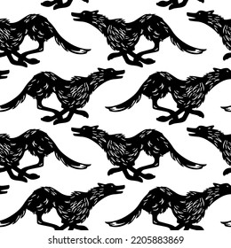 Vector seamless pattern with hand drawn cute happy running wolf. Ink drawing, graphic style. Beautiful wild nature design elements. Perfect for prints and patterns