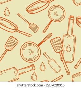 Patrón vectorial sin fisuras con elementos de arte de cocina hechos a mano. Botellas de aceite, gotas, sartenes, espátulas para remover comida. Iconos decorativos para el diseño de menús de cafés, sitio web culinario, diseño de pancartas.