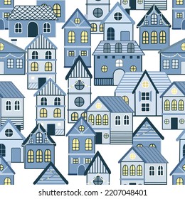 Vector Seamless pattern with hand drawn tree and house. Great for fabric, textile vector illustration