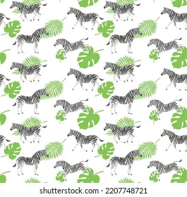 Vector seamless pattern of hand drawn flat zebra and palm leaves isolated on white background