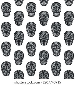 Vector seamless pattern of hand drawn doodle sketch black Mexican sugar skull isolated on white background