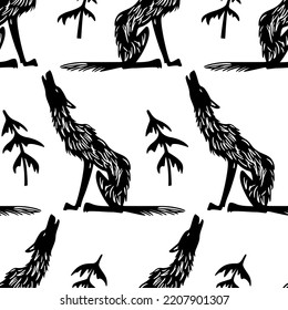 Vector seamless pattern with hand drawn cute black howling wolf with spruce trees. Ink drawing, graphic style. Beautiful wild nature design elements. Perfect for prints and patterns