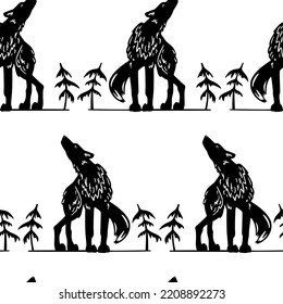 Vector seamless pattern with hand drawn cute black wolf in spruce woods. Ink drawing, graphic style. Beautiful wild nature design elements. Perfect for prints and patterns