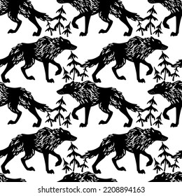 Vector seamless pattern with hand drawn graceful black wolf traveling in spruce woods. Ink drawing, graphic style. Beautiful wild nature design elements. Perfect for prints and patterns