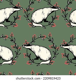 Vector seamless pattern with hand drawn cute badger in graceful floral wreath with pink berries. Ink drawing, graphic style. Beautiful design elements. Perfect for prints and patterns