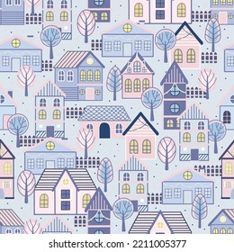 Vector Seamless pattern with hand drawn tree and house. Great for fabric, textile vector illustration