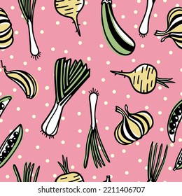 Vector seamless pattern with hand drawn ripe vegetables made in graphic style on polka dots background. Ink drawing, heavy contour. Perfect for healthy food or farm markets prints and patterns