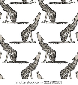 Vector Seamless Pattern With Hand Drawn Cute Howling Wolf. Ink Drawing, Graphic Style. Beautiful Wild Nature Design Elements. Perfect For Prints And Patterns